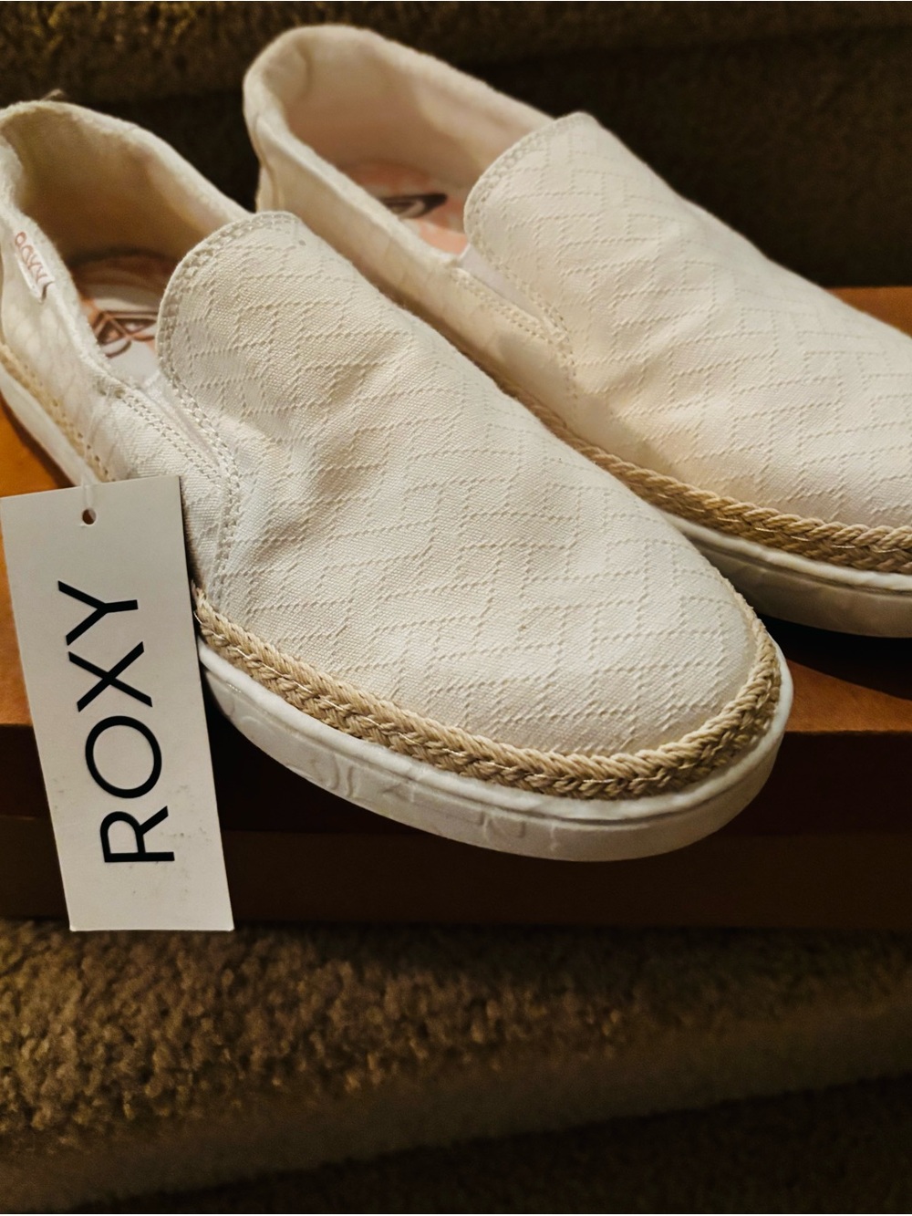 Roxy White Canvas Slip-On Espadrille with Natural Braided Trim